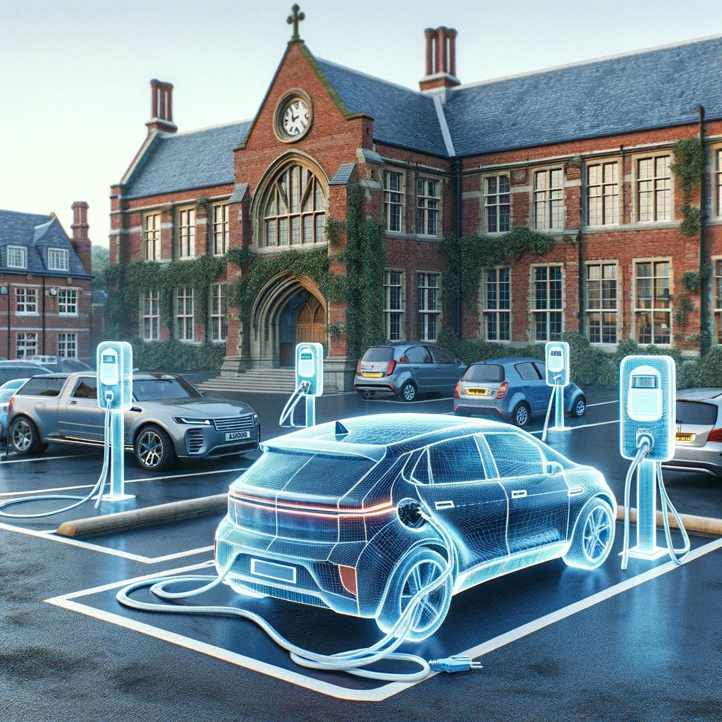 An AI Illustration Showing 3D Models of EV Chargers at a School